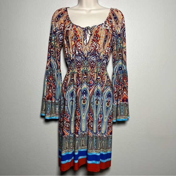 Boston Proper Women Dress 0 Paisley Milkmaid Boho 70s Groovy Mini Babydoll Tie - Picture 1 of 10